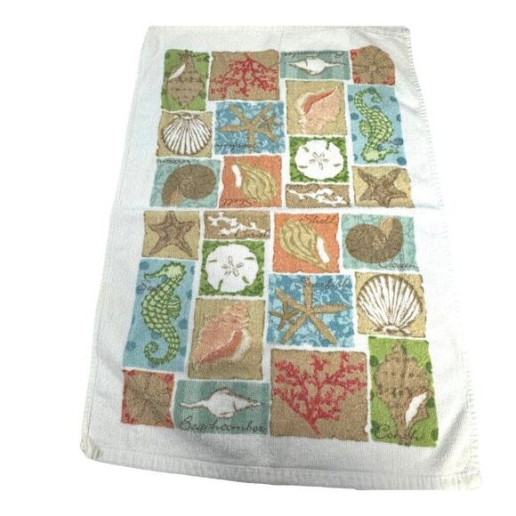 Set Of 2 Coastal Themed Kitchen Hand Towels Seashells & Starfish 17" X 25" READ - Picture 4 of 5